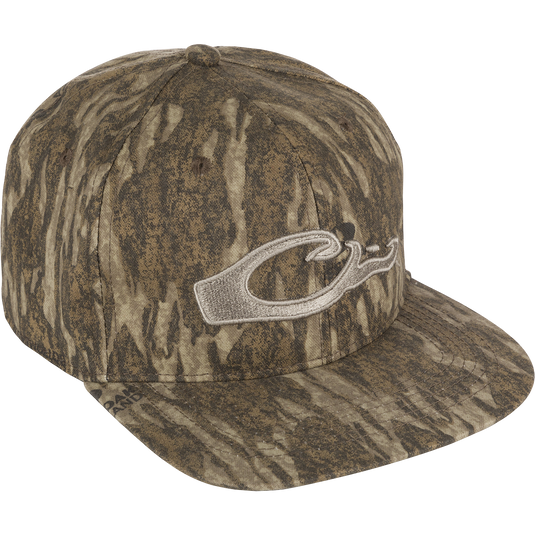 Camo Flat Bill Cap with raised embroidered logo and adjustable snapback closure. 100% cotton, 6-panel construction for a good fit.