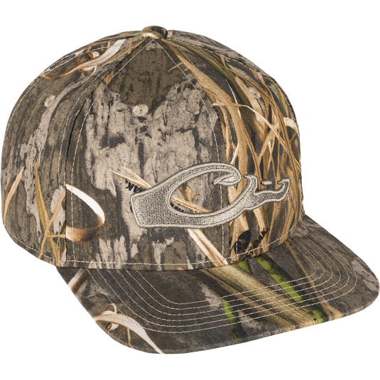 Camo Flat Bill Cap with raised embroidered logo, 100% cotton. Adjustable snapback closure, 6-panel construction for a good fit.