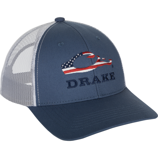 Drake Americana 2.0 Cap with a bold American flag filled Drake head logo and the word Drake in Navy Blue below, on a blue and white hat.