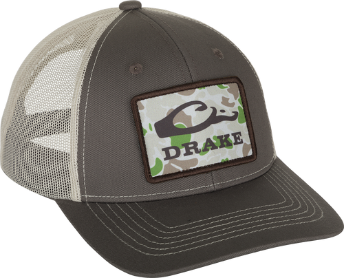 Old School Patch 2.0 Mesh Back Cap - A stylish hat with a patch featuring a snake. 6-panel structured crown, pre-curved visor, and adjustable snap-back closure.