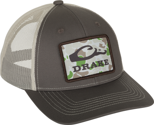 Old School Patch 2.0 Mesh Back Cap - A stylish hat with a patch featuring a snake. 6-panel structured crown, pre-curved visor, and adjustable snap-back closure.