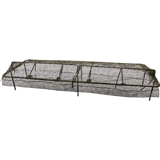 Ghillie 12ft & 16ft Ground Pit Adjustable Top: A fishing net with a camouflage pattern and a gun on it, providing coverage for hunting in a pit blind.