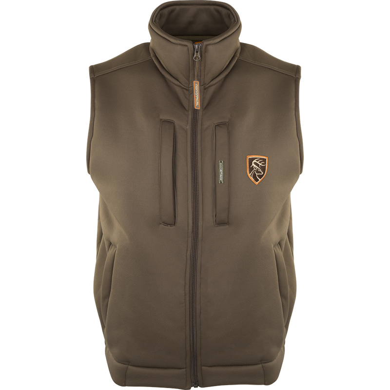 Non-Typical Soft Shell Fleece Vest featuring a deer logo, multiple zippered chest pockets, and soft-shell interlock microfiber design ideal for bow hunters.
