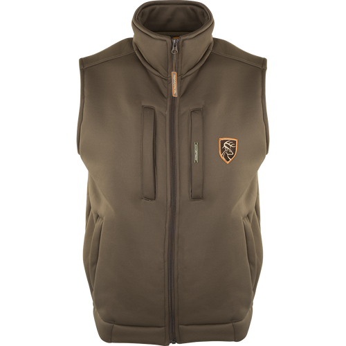 Non-Typical Soft Shell Fleece Vest featuring a deer logo, multiple zippered chest pockets, and soft-shell interlock microfiber design ideal for bow hunters.