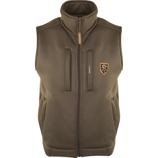Non-Typical Soft Shell Fleece Vest featuring a deer logo, multiple zippered chest pockets, and soft-shell interlock microfiber design ideal for bow hunters.
