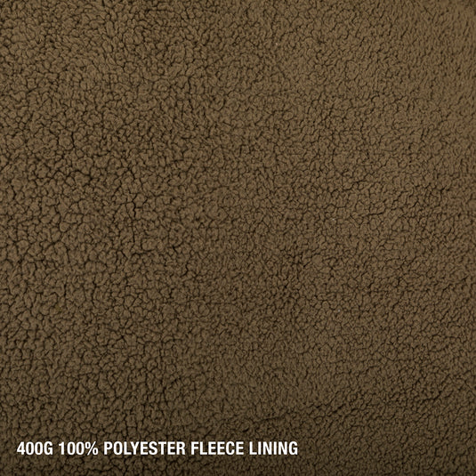 A close-up of the Silencer Full Zip Jacket, featuring a brown fleece lining and Agion Active XL scent control technology. Vertical chest pockets with lanyards for hunting gear.