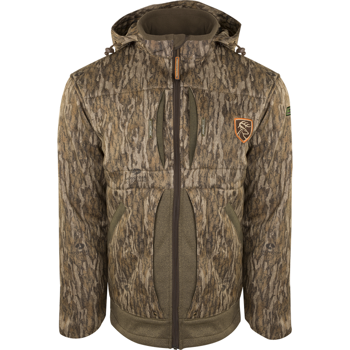A close-up of the Stand Hunter's Silencer Jacket with Agion Active XL®, featuring a hood and zipper. Perfect for late-season hunting, it offers soft, quiet, and durable fabric. Ideal for gaining an advantage over big game animals.