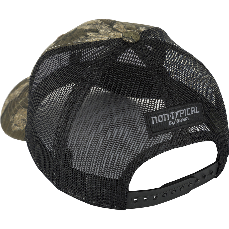 A black and green hat with a mesh back featuring the New Non-Typical logo on the front. Made with 100% cotton twill and breathable mesh. Rear snap closure.