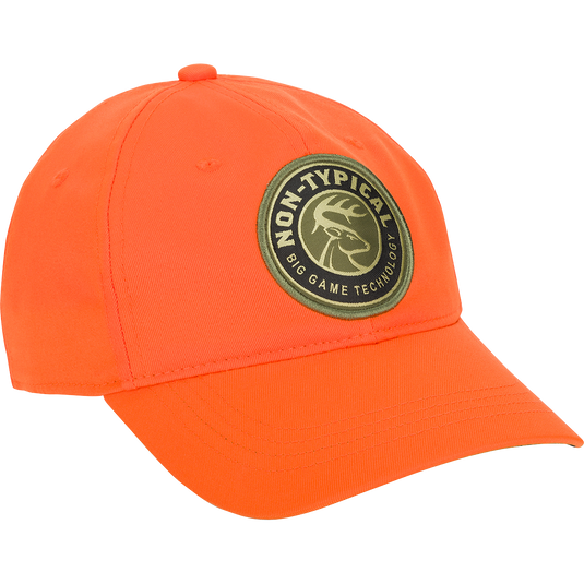 A close-up of the Big Game Technology Patch Camo Twill Cap, a lightweight cotton/polyester cap with camo concealment under the bill. Six-panel construction with adjustable snap closure.