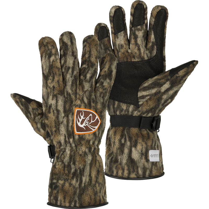 Non-Typical MST Windstopper Fleece Camo Shooter's Gloves with logo, leather palm, and neoprene cuff. Windproof and perfect for winter weather.