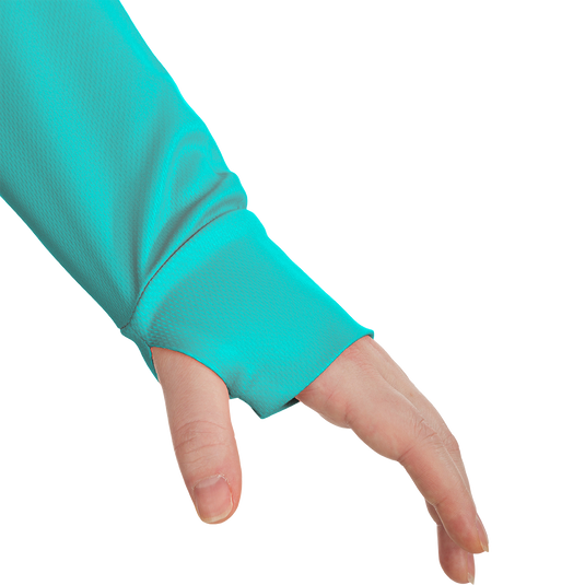 A close-up of a hand wearing the Women's Performance Mesh 1/4 Zip with thumbholes for added sleeve protection.