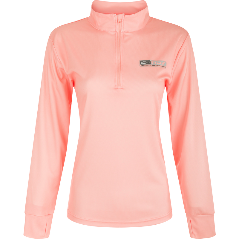 Women's Performance Mesh 1/4 Zip: A pink long-sleeved shirt with built-in stretch, UPF 50 sun protection, and thumbholes for added sleeve protection. Lightweight and quick-drying, perfect for outdoor activities.