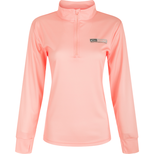 Women's Performance Mesh 1/4 Zip: A pink long-sleeved shirt with built-in stretch, UPF 50 sun protection, and thumbholes for added sleeve protection. Lightweight and quick-drying, perfect for outdoor activities.