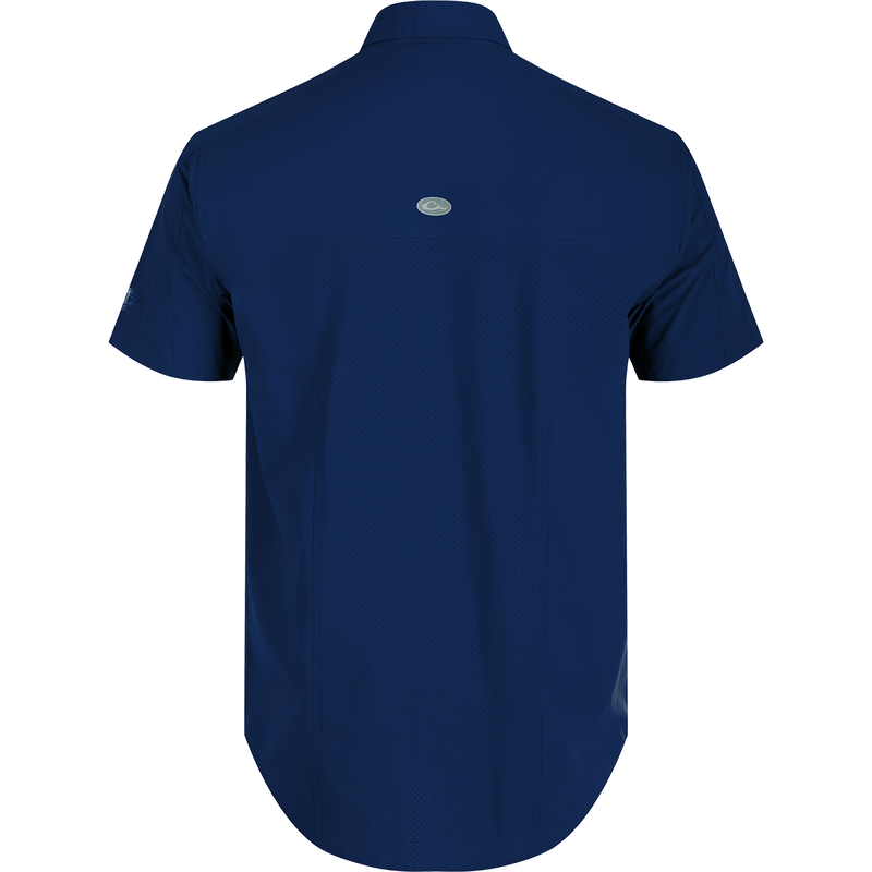 A close-up of the Performance Mesh Paneled Short Sleeve Shirt with laser-punched mesh back panels for ventilation and two button-through chest pockets. Lightweight, moisture-wicking fabric with UPF 50 sun protection. Perfect for outdoor activities.
