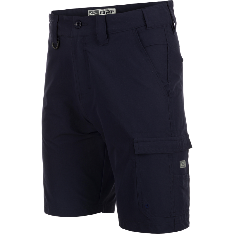 A pair of Performance Hybrid Fishing Shorts with built-in stretch, moisture-wicking fabric, and quick-drying technology. Features include front slash mesh pockets, back zippered pockets, reinforced plier's pocket, and adjustable waistband. 9-inch inseam. From Purewhitelaneshop.