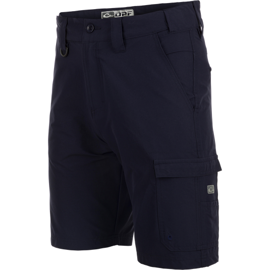 A pair of Performance Hybrid Fishing Shorts with built-in stretch, moisture-wicking fabric, and quick-drying technology. Features include front slash mesh pockets, back zippered pockets, reinforced plier's pocket, and adjustable waistband. 9-inch inseam. From Purewhitelaneshop.