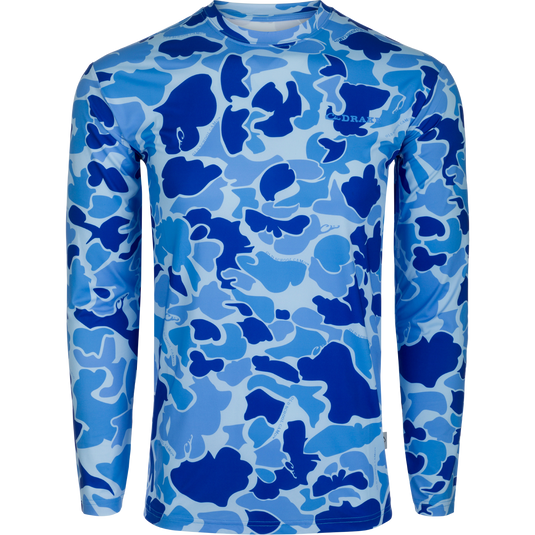 A blue and white Performance Crew shirt with cooling, UPF 50, moisture-wicking, and quick-drying features. Lightweight and versatile for all weather conditions. Perfect for water, field, or any performance needs.