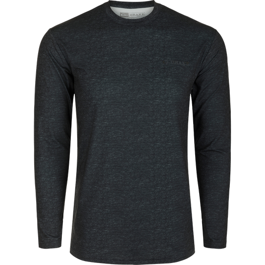 A lightweight black long-sleeved Performance Crew shirt with cooling, moisture-wicking, and quick-drying features. Perfect for outdoor activities like hunting and fishing.