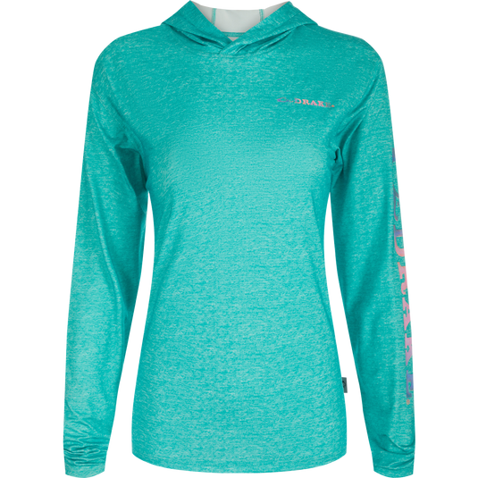 Women's Performance Hoodie Heather - a versatile garment from Drake's collection. Built-In Cooling, UPF 50, Moisture Wicking, Breathable Stretch, and Quick Drying. Lightweight at 145 GSM. Perfect for beach, water, or any adventure.