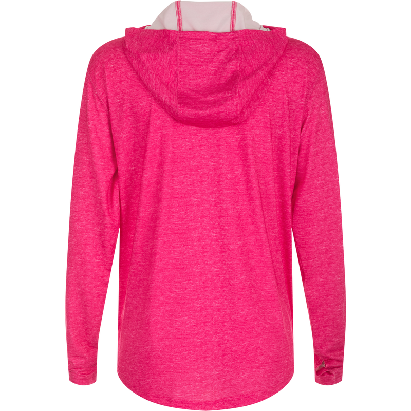 Women's Performance Hoodie Heather: A versatile pink jacket with a hood, designed for exceptional functionality and performance. Features include Built-In Cooling, UPF 50, Moisture Wicking, Breathable Stretch, and Quick Drying. Lightweight at 145 GSM. Perfect for beach, water, or any adventure. From Purewhitelaneshop, known for high-quality hunting gear and casual apparel.
