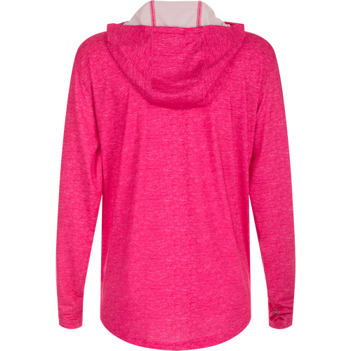 Women's Performance Hoodie Heather: A versatile pink jacket with a hood, designed for exceptional functionality and performance. Features include Built-In Cooling, UPF 50, Moisture Wicking, Breathable Stretch, and Quick Drying. Lightweight at 145 GSM. Perfect for beach, water, or any adventure. From Purewhitelaneshop, known for high-quality hunting gear and casual apparel.
