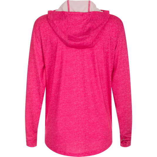 Women's Performance Hoodie Heather: A versatile pink jacket with a hood, designed for exceptional functionality and performance. Features include Built-In Cooling, UPF 50, Moisture Wicking, Breathable Stretch, and Quick Drying. Lightweight at 145 GSM. Perfect for beach, water, or any adventure. From Purewhitelaneshop, known for high-quality hunting gear and casual apparel.