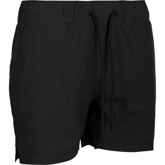 A versatile black shorts with drawstring and built-in liner, ideal for the gym or beach. Made with 88% polyester and 12% spandex for 4-way stretch. Quick-drying, moisture-wicking, and water-resistant. Features scalloped hem, front/back mesh pockets, and elastic waist with adjustable drawstring. From Purewhitelaneshop's Women's Commando Lined Short 4.5" collection.