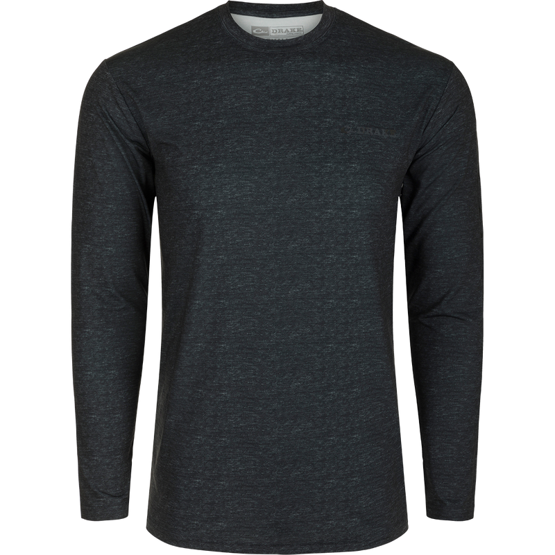 A black long-sleeved Youth Performance Crew Heather L/S shirt with logo detail. Lightweight, moisture-wicking, and UPF 50 for sun protection.