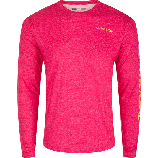 Youth Performance Crew Heather L/S shirt with exceptional functionality. Built-In Cooling, Moisture Wicking, Breathable Stretch, and Quick Drying. Lightweight, UPF 50 for year-round sun protection. Fun sleeve prints including Old School Camo.