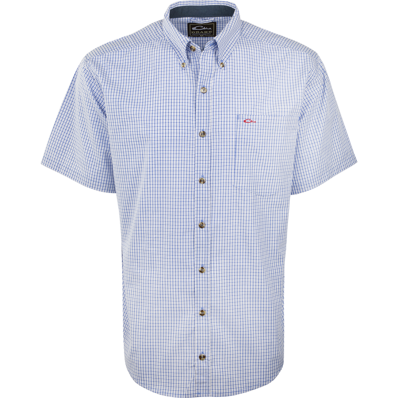 Big Easy Plaid Shirt S/S with a blue and white checkered pattern, featuring a button-down collar, left chest pocket, and breathable StayCool fabric.