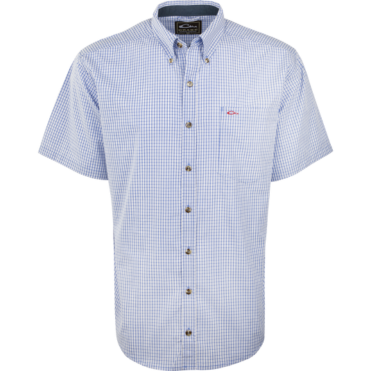 Big Easy Plaid Shirt S/S with a blue and white checkered pattern, featuring a button-down collar, left chest pocket, and breathable StayCool fabric.