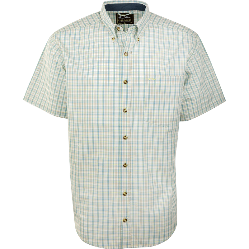 Big Easy Plaid Shirt S/S with button-down collar and left chest pocket, showcasing StayCool fabric for comfort and breathability. Perfect for versatile, casual wear.