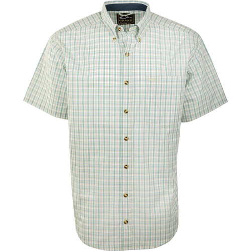 Big Easy Plaid Shirt S/S with button-down collar and left chest pocket, showcasing StayCool fabric for comfort and breathability. Perfect for versatile, casual wear.