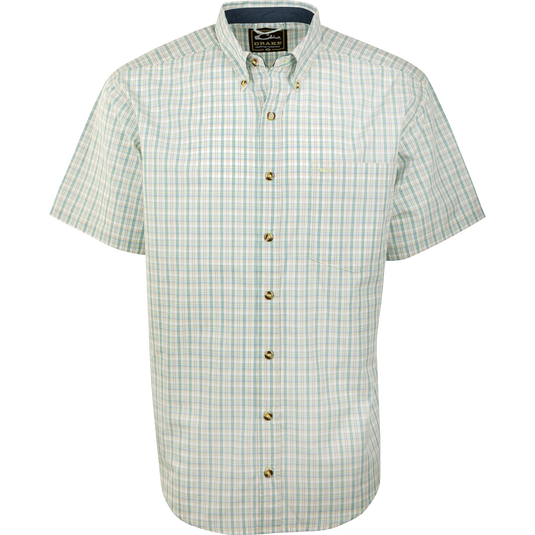 Big Easy Plaid Shirt S/S with button-down collar and left chest pocket, showcasing StayCool fabric for comfort and breathability. Perfect for versatile, casual wear.