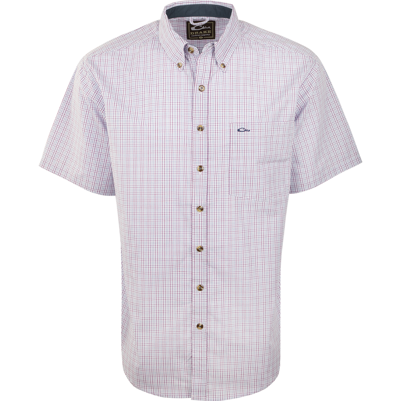 Close-up of the Big Easy Plaid Shirt S/S, featuring a button-down collar and left chest pocket, made with quick-drying, breathable StayCool fabric.