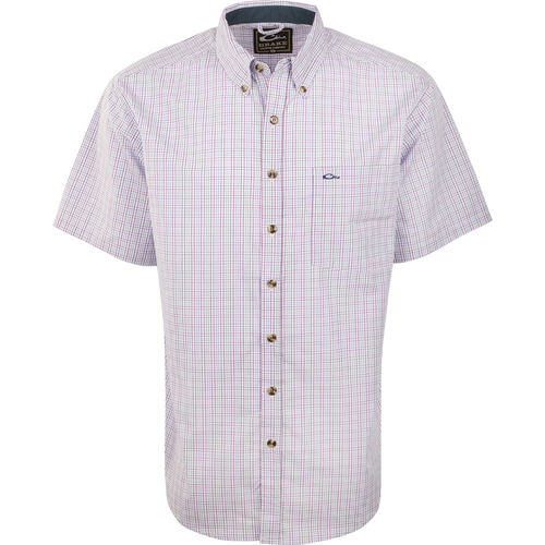 Close-up of the Big Easy Plaid Shirt S/S, featuring a button-down collar and left chest pocket, made with quick-drying, breathable StayCool fabric.