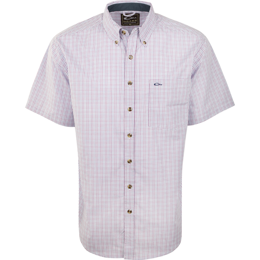 Close-up of the Big Easy Plaid Shirt S/S, featuring a button-down collar and left chest pocket, made with quick-drying, breathable StayCool fabric.