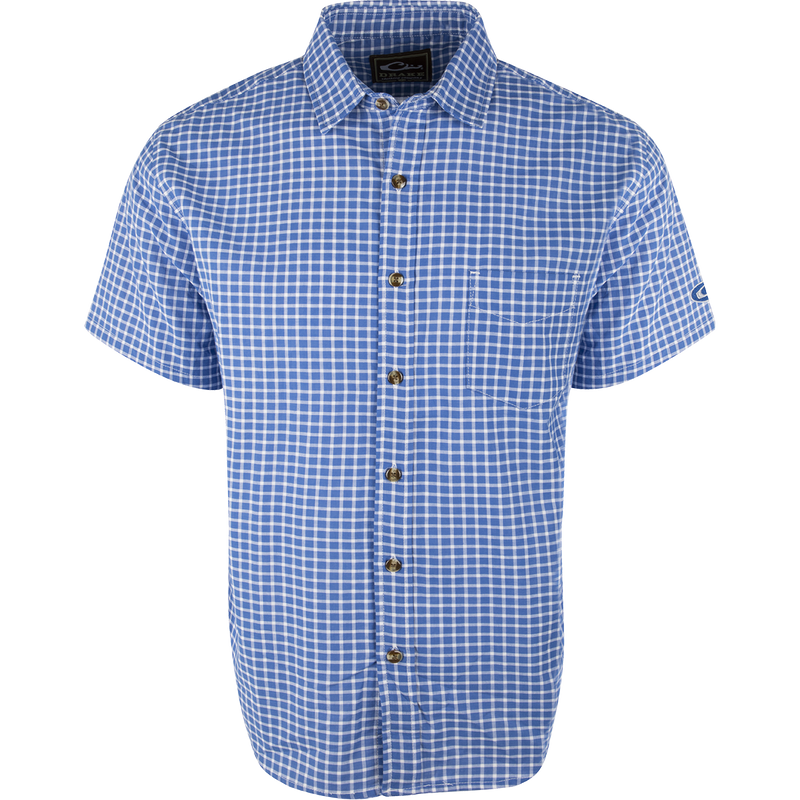 A blue and white plaid NeverTuck Shirt S/S made of soft-washed 100% cotton. Features include an open collar style and a left chest pocket. Perfect for looking and feeling your best. From Purewhitelaneshop, a store known for high-quality hunting gear and casual apparel.