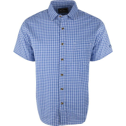 A blue and white plaid NeverTuck Shirt S/S made of soft-washed 100% cotton. Features include an open collar style and a left chest pocket. Perfect for looking and feeling your best. From Purewhitelaneshop, a store known for high-quality hunting gear and casual apparel.