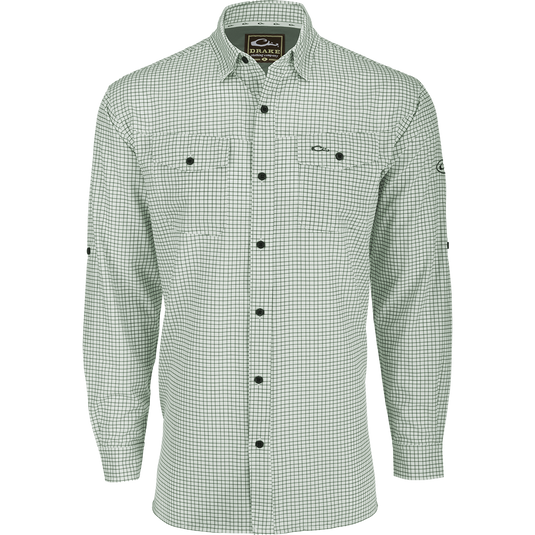 Traveler's Mini Grid Long Sleeve Shirt with Four Way Stretch and split tail hem for comfort and style. Ideal for the man on the go.