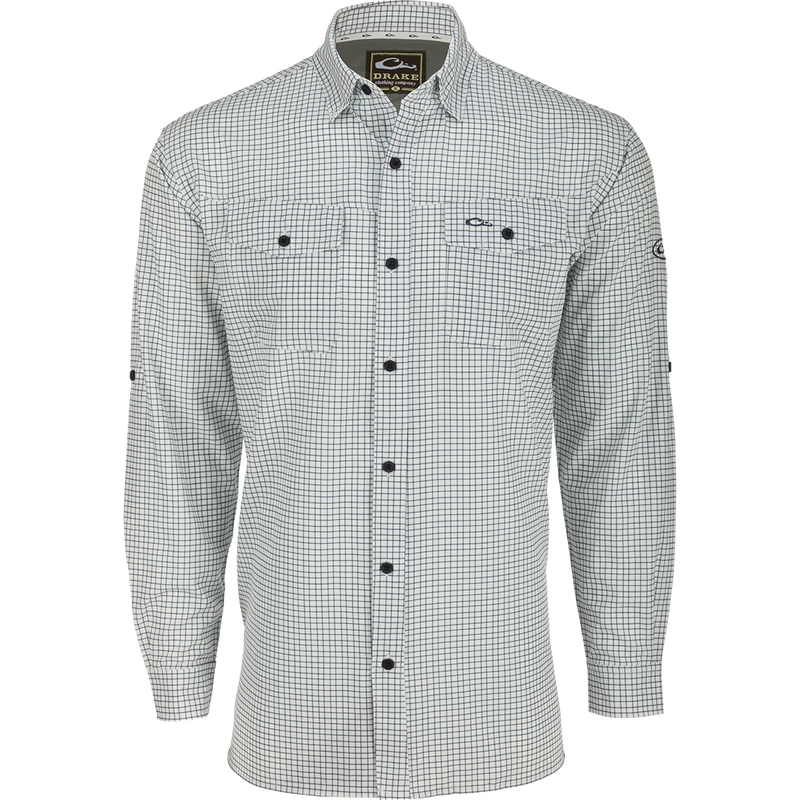 Traveler's Mini Grid Long Sleeve Shirt: Lightweight, breathable fabric with Four Way Stretch for comfort. Split tail hem. Ideal for the man on the go.