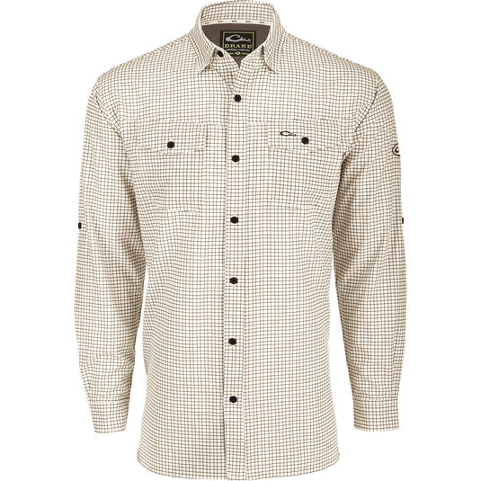 A lightweight, wrinkle-resistant Traveler's Mini Grid Long Sleeve Shirt with Four Way Stretch for freedom of movement and ultimate comfort. Perfect for the man on the go, whether on vacation or running errands.