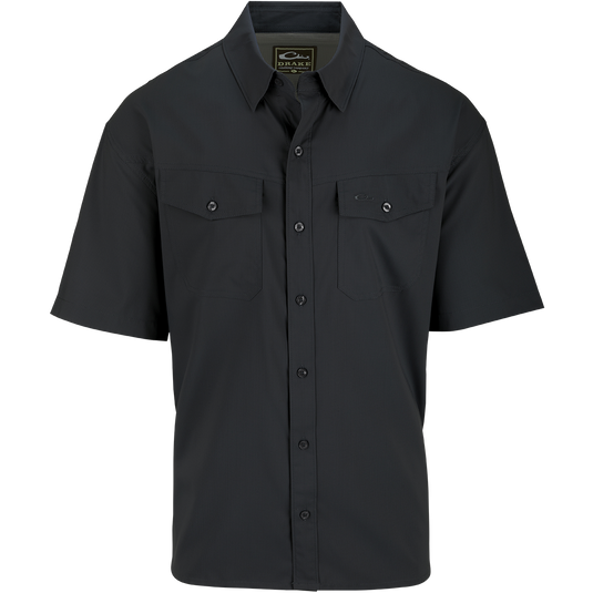 A black button-up shirt with hidden collar buttons, chest pockets, and a split tail hem. Made from 100% Polyester dobby fabric, it offers UPF30 sun protection and moisture-wicking properties. Versatile for any occasion. From Purewhitelaneshop, high-quality hunting gear and clothing.