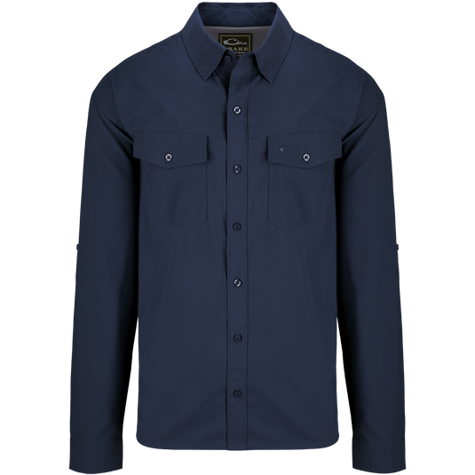 A blue dobby-textured shirt with long sleeves, hidden button-down collar, and two chest pockets. Versatile for any season.