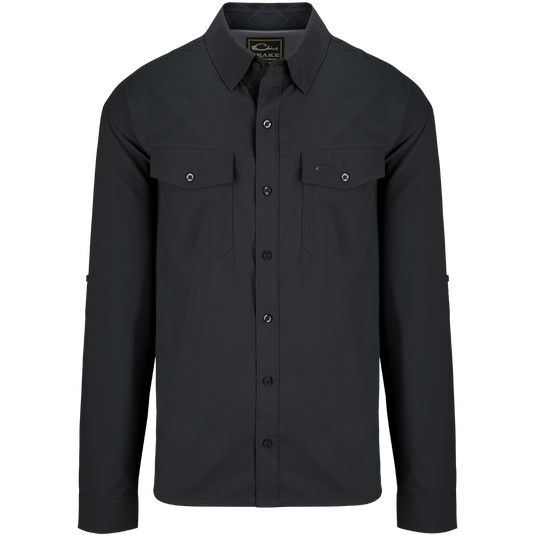 A black dobby textured shirt with hidden button-down collar, chest pockets, and split tail hem. Versatile and lightweight for all seasons.