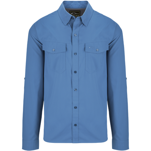 A blue dobby textured long sleeve shirt with hidden button-down collar, chest pockets, and split tail hem. Versatile for any season.