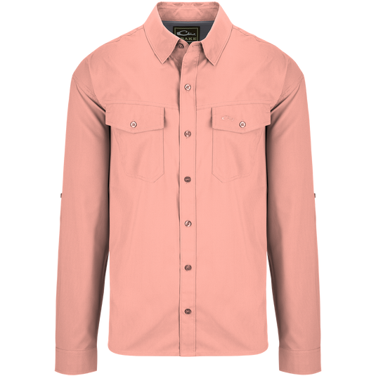 Traveler's Solid Dobby Shirt L/S: Classic fit shirt with hidden button-down collar, chest pockets, and split tail hem. Versatile for all seasons.