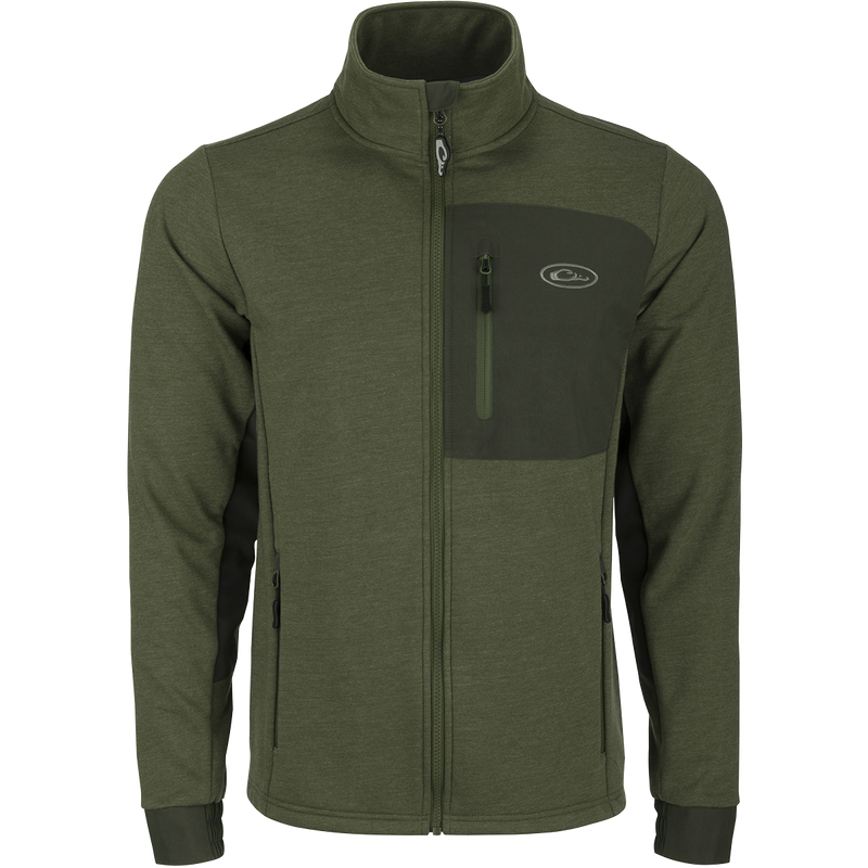 Hybrid Windproof Jacket with 4-Way Stretch Cuffs, Fleece Backing, and Zippered Pockets. Perfect for cool fall days and nights.