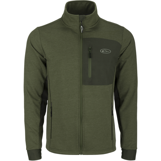Hybrid Windproof Jacket with 4-Way Stretch Cuffs, Fleece Backing, and Zippered Pockets. Perfect for cool fall days and nights.