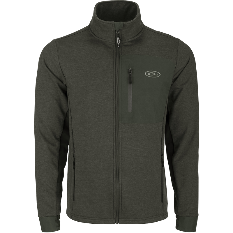 Hybrid Windproof Jacket - A functional, mid-weight jacket with a two-tone design. Features include a left chest pocket, zippered slash pockets, and 4-way stretch cuffs. Ideal for cool fall days and nights.